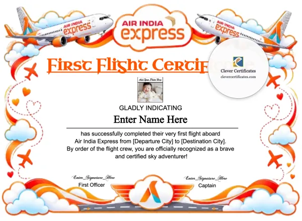 Free Air India Express Baby First Flight Certificate — Landscape