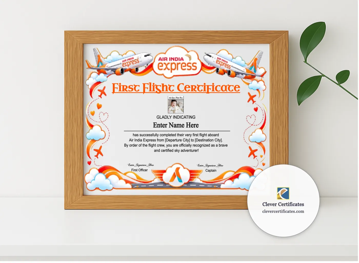 Realistic mockup featuring Air India Express Baby First Flight Certificate Landscape displayed within a modern frame, set against a minimalistic background.
