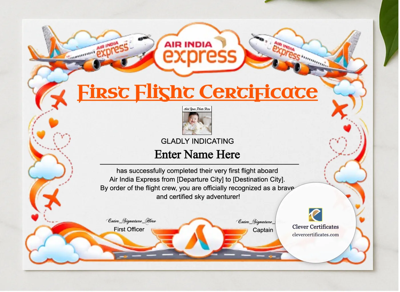 Air India Express Baby First Flight Certificate Landscape presented in a sleek wooden frame, elegantly arranged on a stylish table.