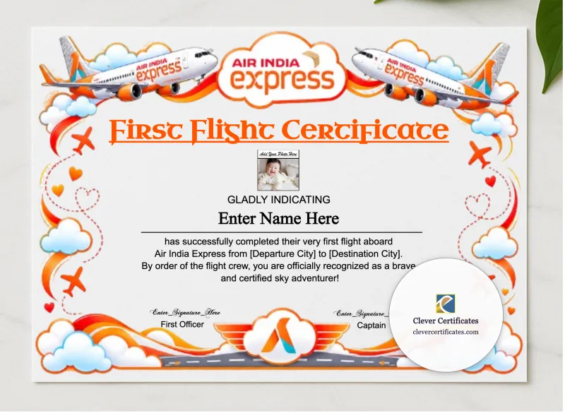 Air India Express Baby First Flight Certificate Landscape presented in a sleek wooden frame, elegantly arranged on a stylish table.