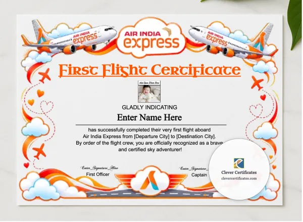 Air India Express Baby First Flight Certificate Landscape presented in a sleek wooden frame, elegantly arranged on a stylish table.