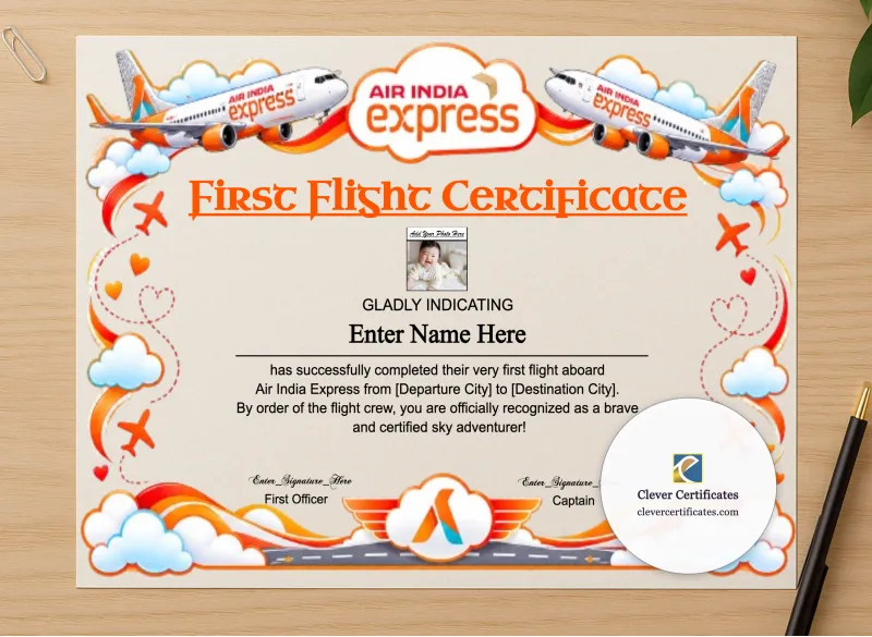 Professional preview of Air India Express Baby First Flight Certificate Landscape certificate on high-quality stationery paper, ideal for showcasing the final look.