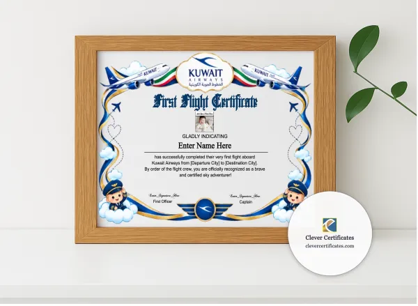 Realistic mockup featuring Kuwait Airways Baby First Flight Certificate Landscape displayed within a modern frame, set against a minimalistic background.