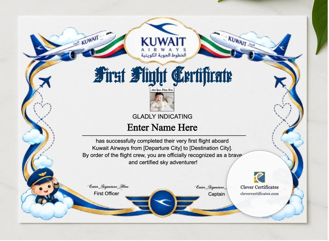 Kuwait Airways Baby First Flight Certificate Landscape presented in a sleek wooden frame, elegantly arranged on a stylish table.