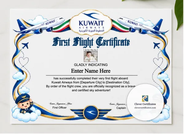 Kuwait Airways Baby First Flight Certificate Landscape presented in a sleek wooden frame, elegantly arranged on a stylish table.