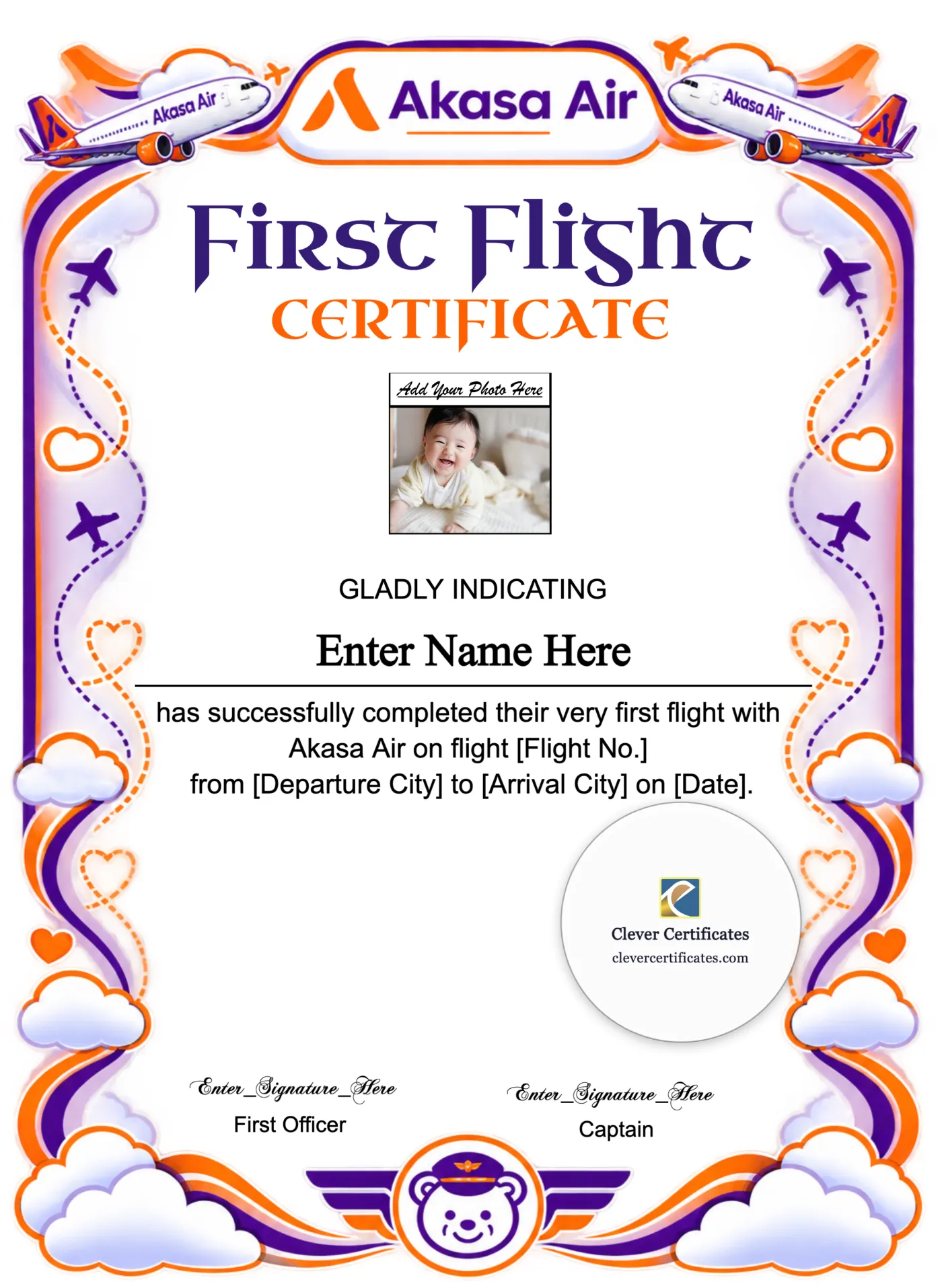 Akasa Air Baby First Flight Certificate Portrait — Certificate Template Preview
