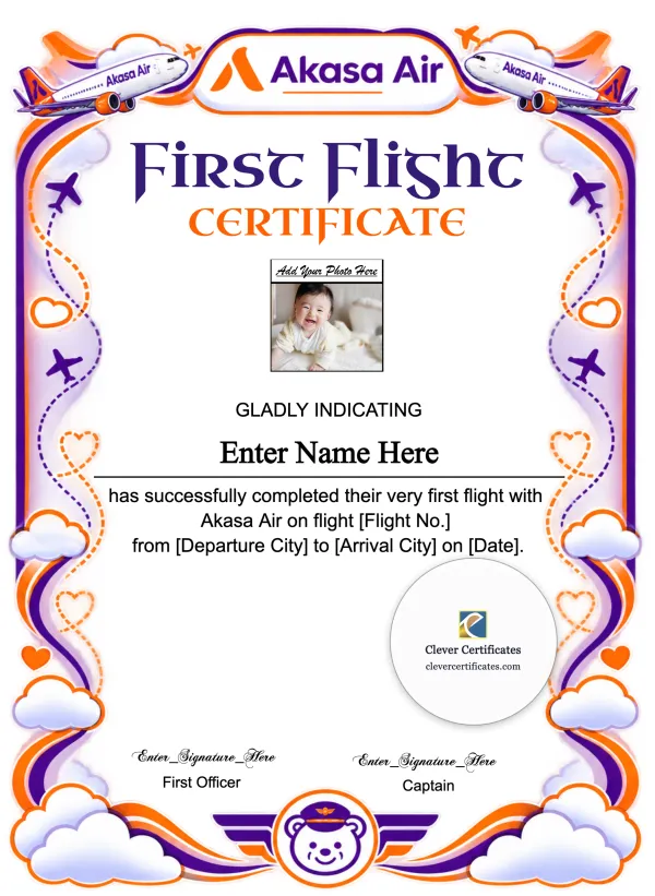 Free Akasa Air Baby First Flight Certificate — Portrait
