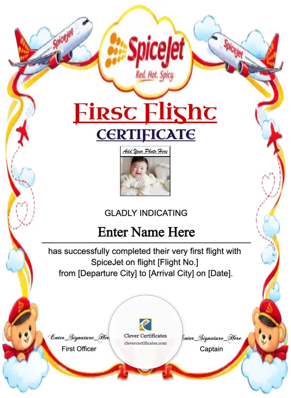 Free SpiceJet Baby First Flight Certificate — Portrait