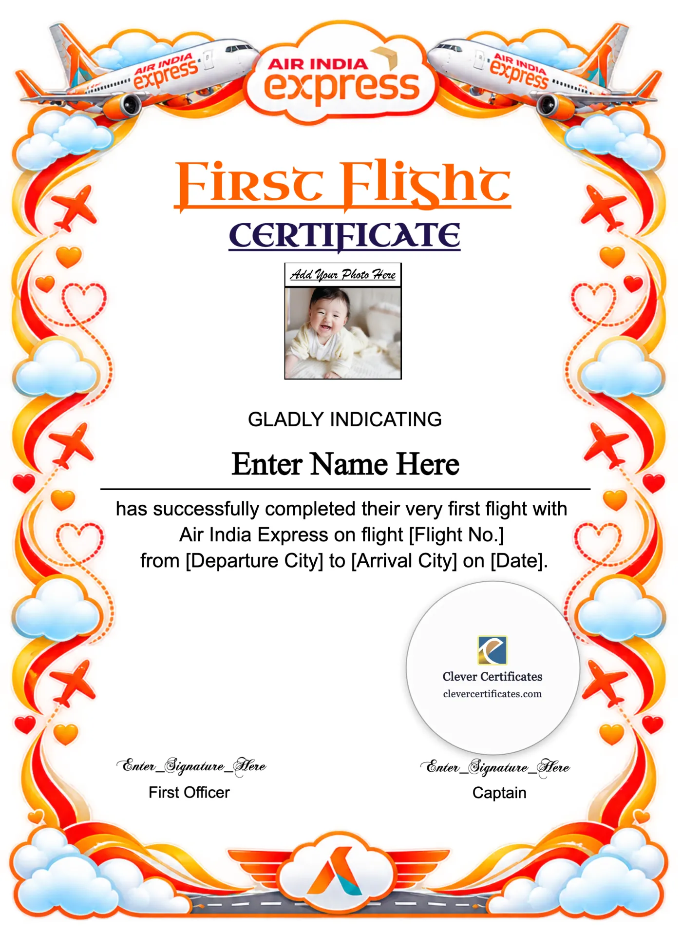 Air India Express Baby First Flight Certificate Portrait — Certificate Template Preview