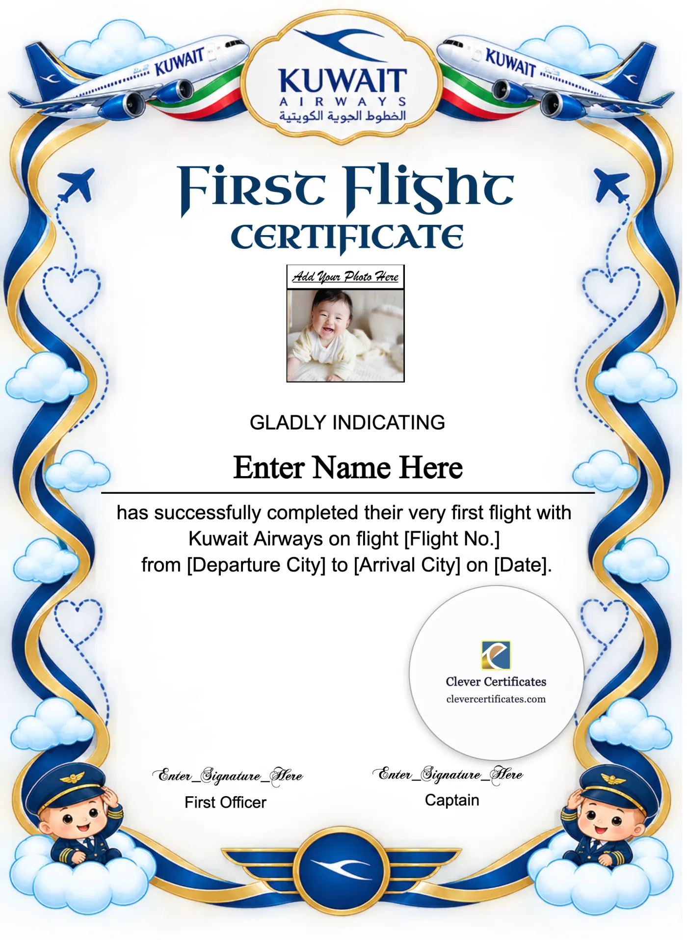 Kuwait Airways Baby First Flight Certificate Portrait — Certificate Template Preview