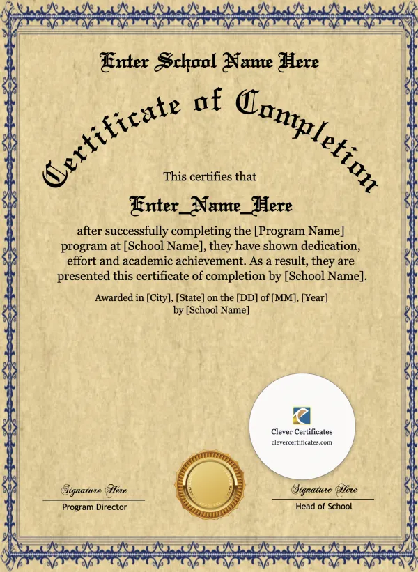 Program Completion Certificate Old English Classic Portrait — Certificate Template Preview