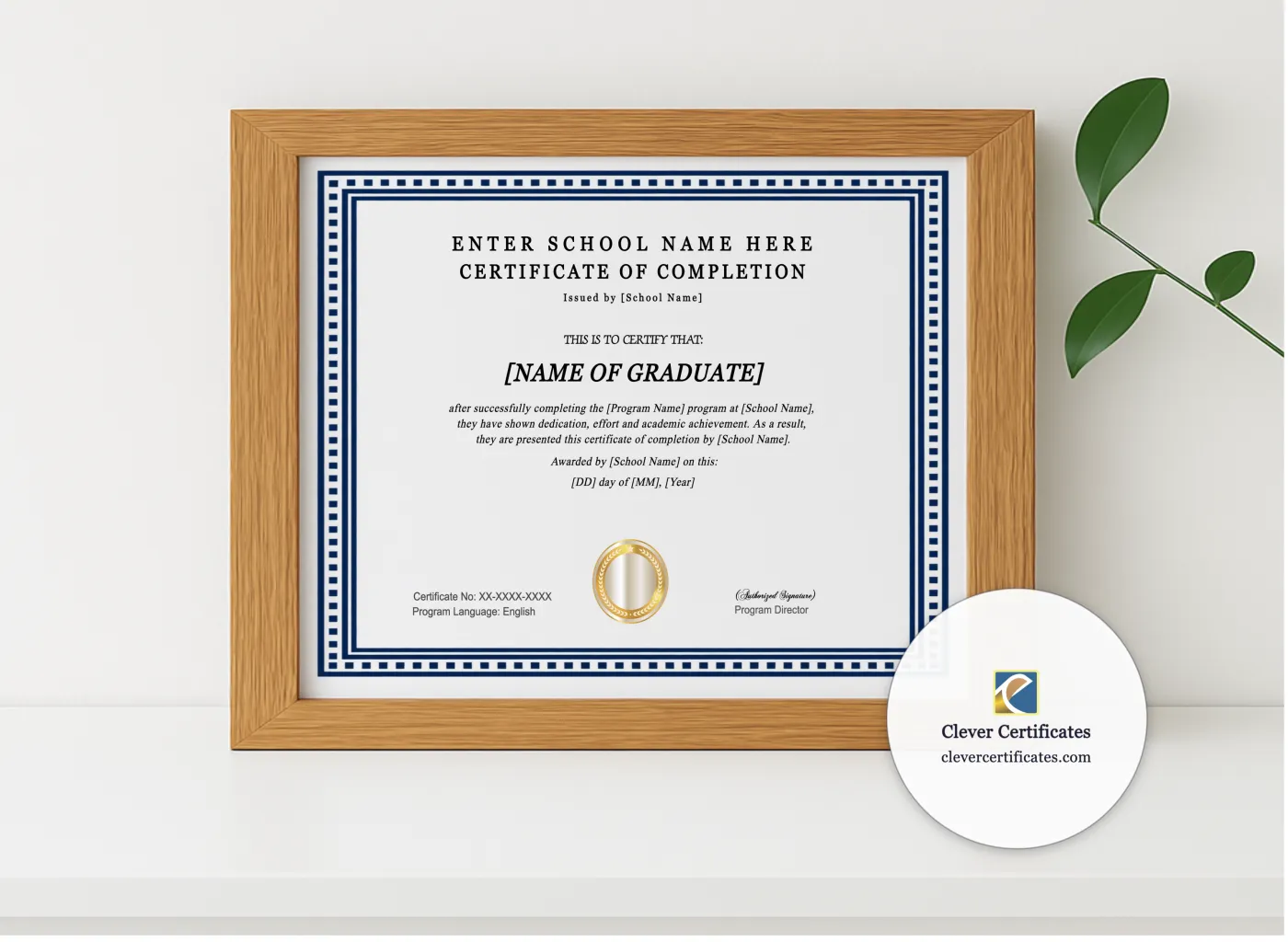 Realistic mockup featuring Program Completion Certificate Minimal White Landscape displayed within a modern frame, set against a minimalistic background.