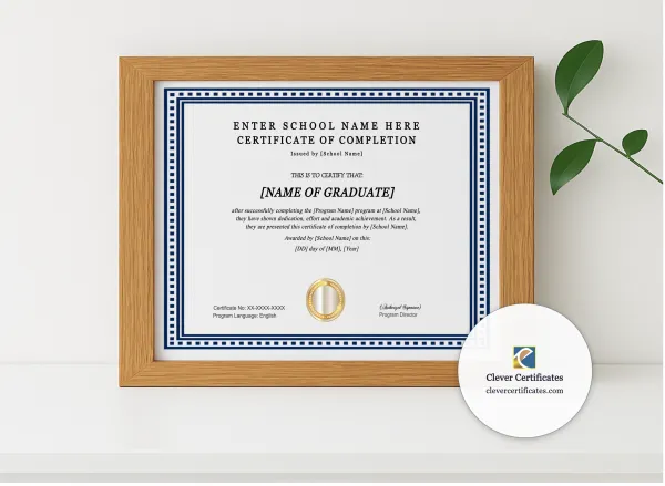 Realistic mockup featuring Program Completion Certificate Minimal White Landscape displayed within a modern frame, set against a minimalistic background.