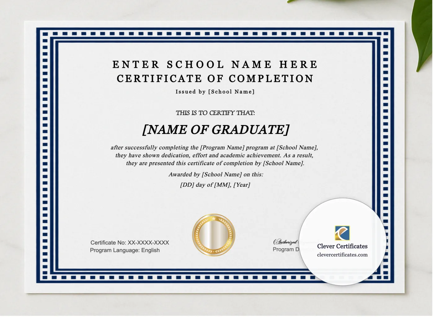 Program Completion Certificate Minimal White Landscape presented in a sleek wooden frame, elegantly arranged on a stylish table.