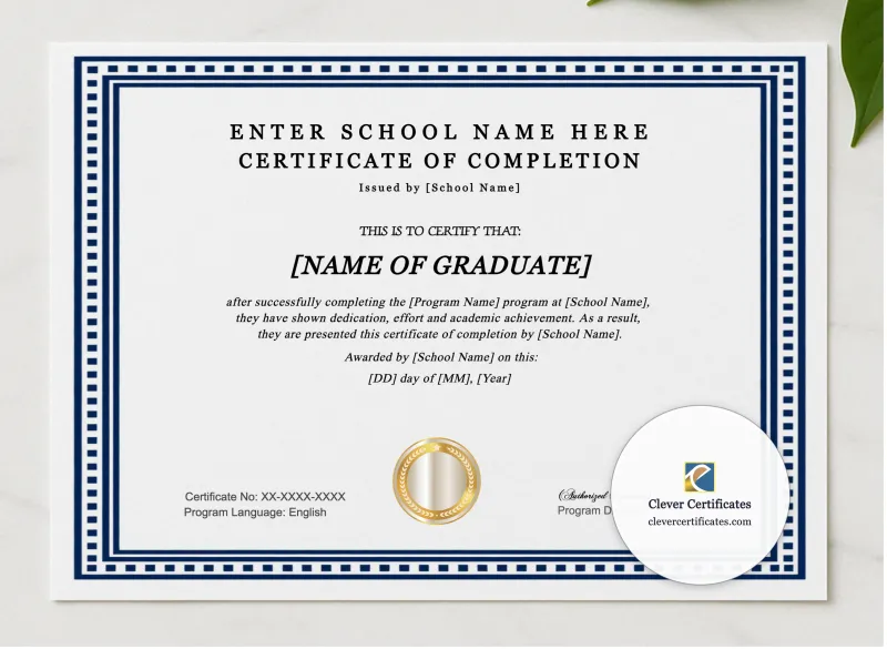 Program Completion Certificate Minimal White Landscape presented in a sleek wooden frame, elegantly arranged on a stylish table.