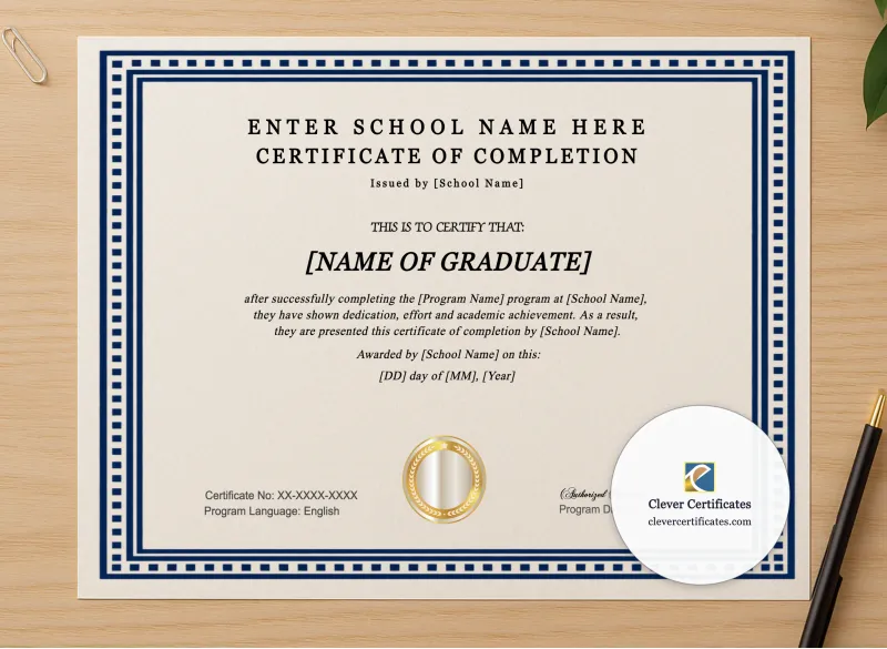 Professional preview of Program Completion Certificate Minimal White Landscape certificate on high-quality stationery paper, ideal for showcasing the final look.