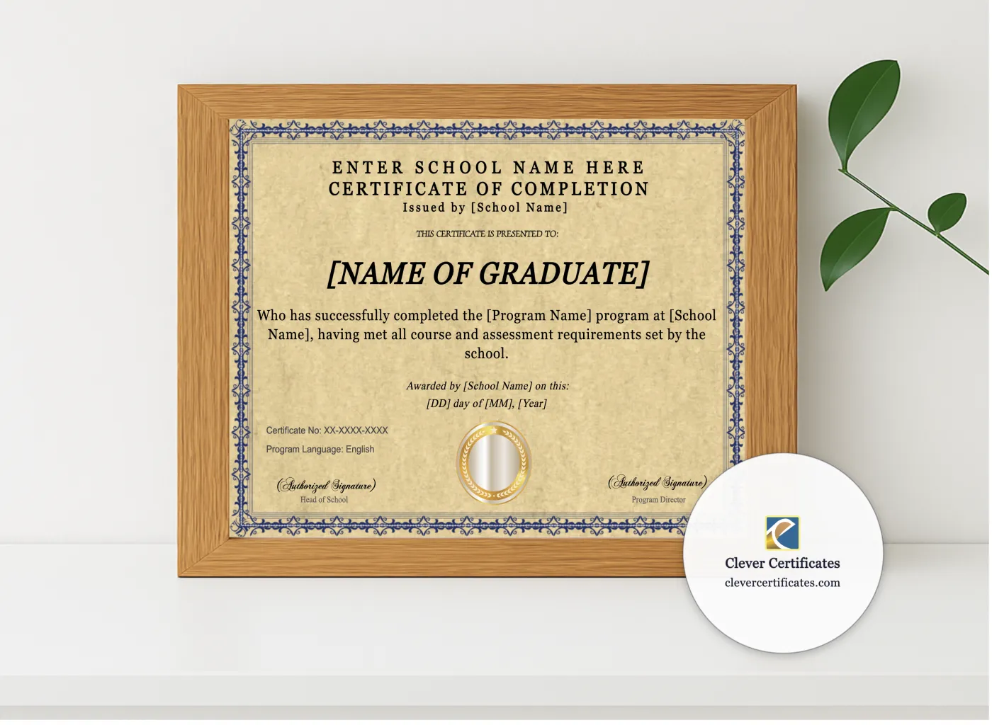 Realistic mockup featuring Program Completion Certificate Two Signature Gold Seal Landscape displayed within a modern frame, set against a minimalistic background.