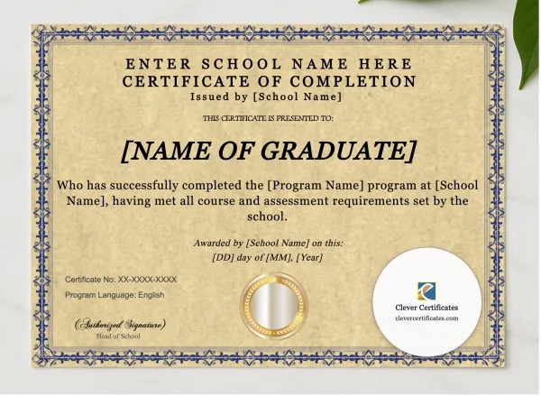 Program Completion Certificate Two Signature Gold Seal Landscape presented in a sleek wooden frame, elegantly arranged on a stylish table.