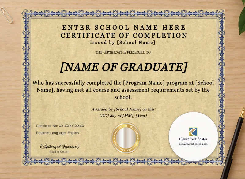 Professional preview of Program Completion Certificate Two Signature Gold Seal Landscape certificate on high-quality stationery paper, ideal for showcasing the final look.