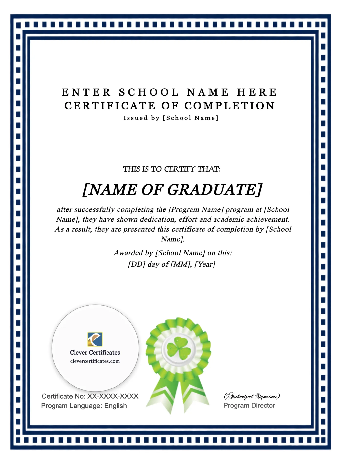 Program Completion Certificate Green Seal Portrait — Certificate Template Preview