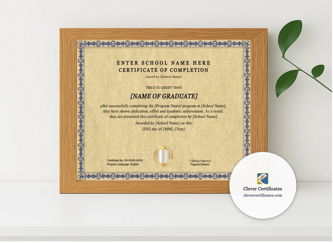 Realistic mockup featuring Training Program Completion Certificate displayed within a modern frame, set against a minimalistic background.
