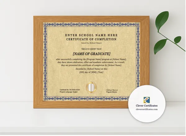 Realistic mockup featuring Training Program Completion Certificate displayed within a modern frame, set against a minimalistic background.
