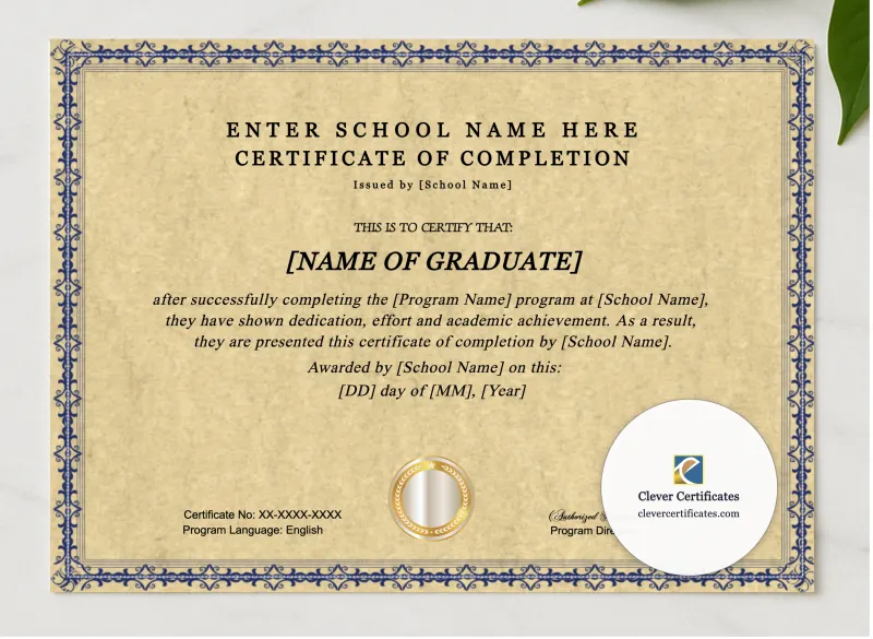 Training Program Completion Certificate presented in a sleek wooden frame, elegantly arranged on a stylish table.
