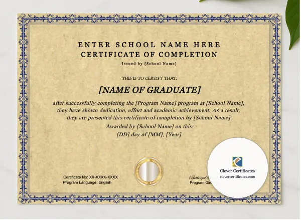Training Program Completion Certificate presented in a sleek wooden frame, elegantly arranged on a stylish table.