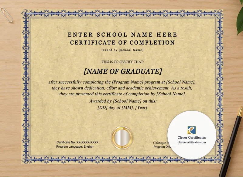 Professional preview of Training Program Completion Certificate certificate on high-quality stationery paper, ideal for showcasing the final look.