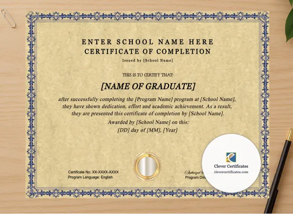 Professional preview of Training Program Completion Certificate certificate on high-quality stationery paper, ideal for showcasing the final look.