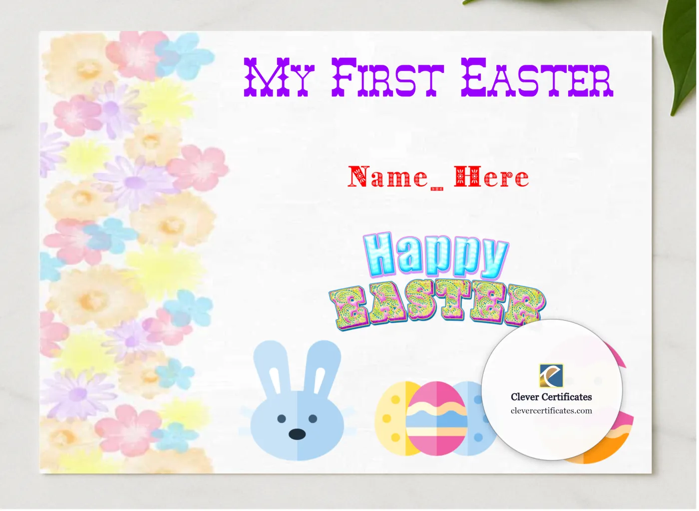 My First Easter Award presented in a sleek wooden frame, elegantly arranged on a stylish table.