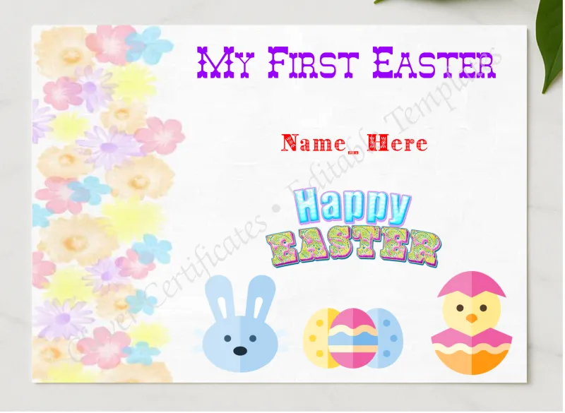 My First Easter Award presented in a sleek wooden frame, elegantly arranged on a stylish table.