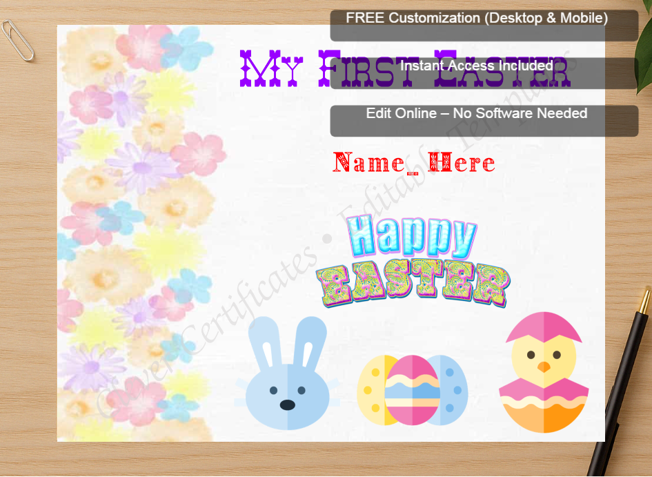 Zoomed preview with Free Editor badge stack for My First Easter Award