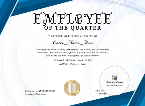Free Employee of the Quarter Certificate