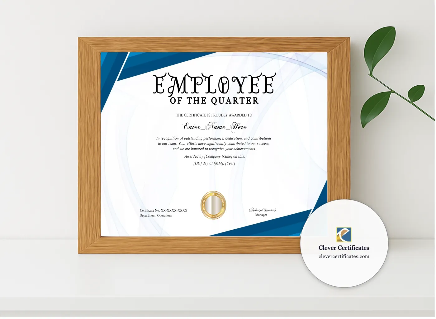Realistic mockup featuring Employee Of The Quarter Certificate Landscape displayed within a modern frame, set against a minimalistic background.