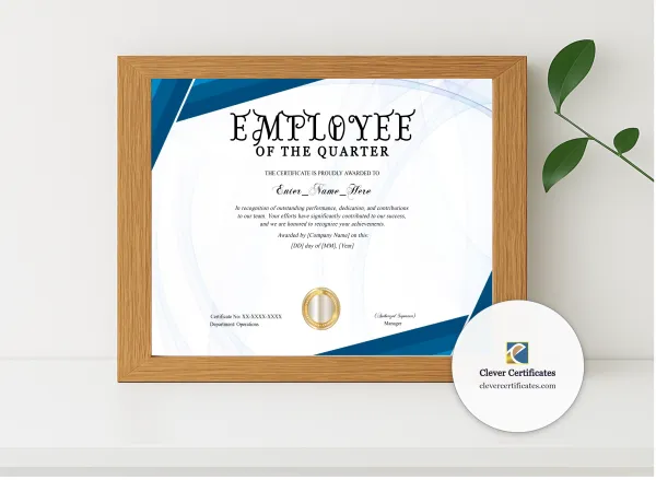 Realistic mockup featuring Employee Of The Quarter Certificate Landscape displayed within a modern frame, set against a minimalistic background.