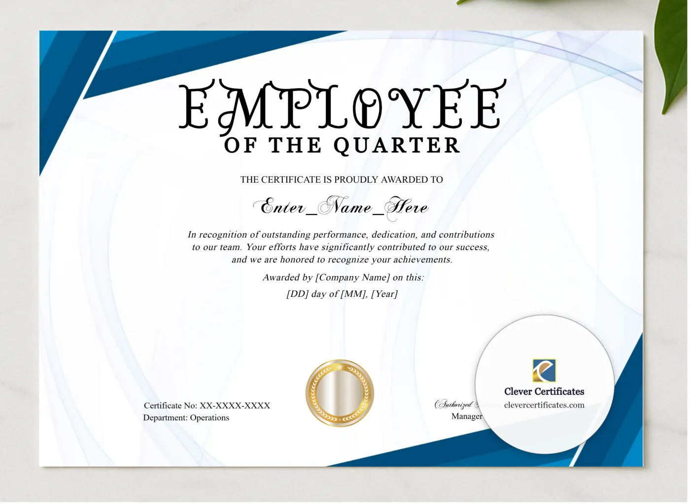 Employee Of The Quarter Certificate Landscape presented in a sleek wooden frame, elegantly arranged on a stylish table.