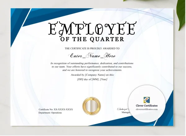 Employee Of The Quarter Certificate Landscape presented in a sleek wooden frame, elegantly arranged on a stylish table.