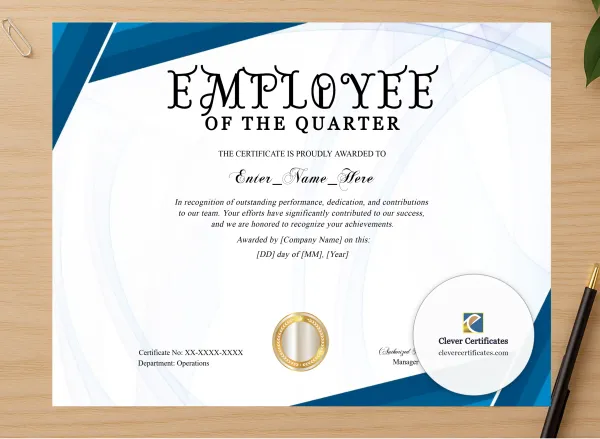 Professional preview of Employee Of The Quarter Certificate Landscape certificate on high-quality stationery paper, ideal for showcasing the final look.