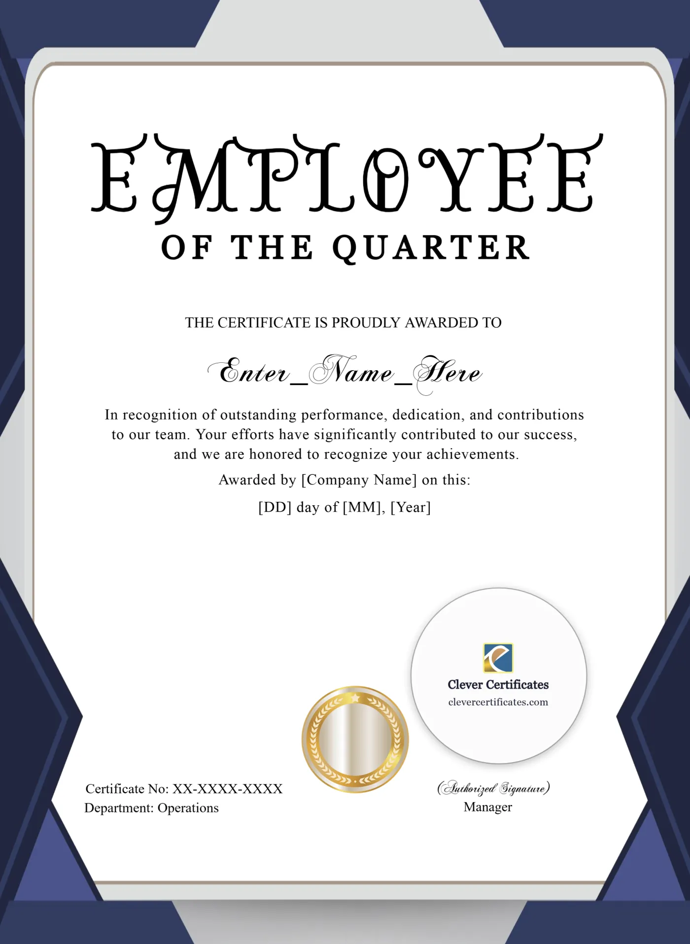 Employee Of The Quarter Certificate Portrait — Certificate Template Preview