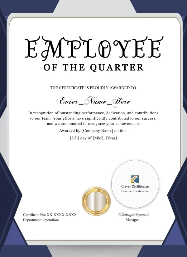 Employee Of The Quarter Certificate Portrait — Certificate Template Preview
