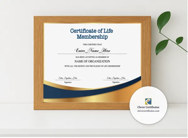 Realistic mockup featuring Life Membership Certificate Landscape displayed within a modern frame, set against a minimalistic background.