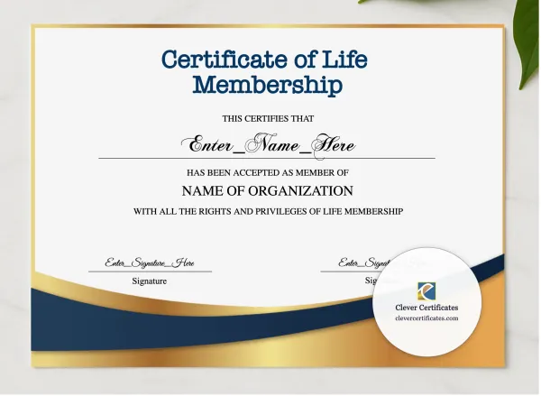 Life Membership Certificate Landscape presented in a sleek wooden frame, elegantly arranged on a stylish table.