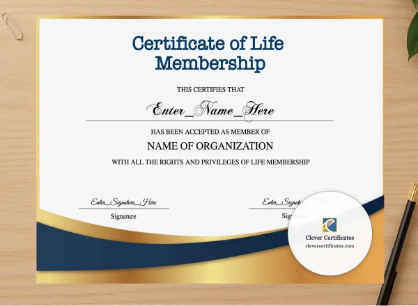 Professional preview of Life Membership Certificate Landscape certificate on high-quality stationery paper, ideal for showcasing the final look.
