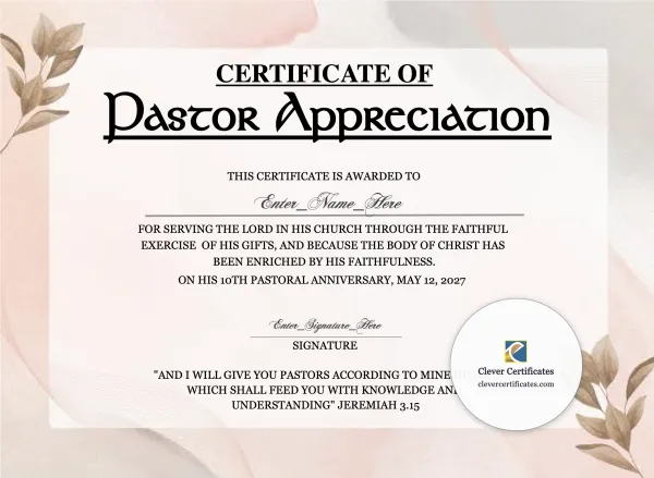 Free Pastor Anniversary Appreciation Certificate