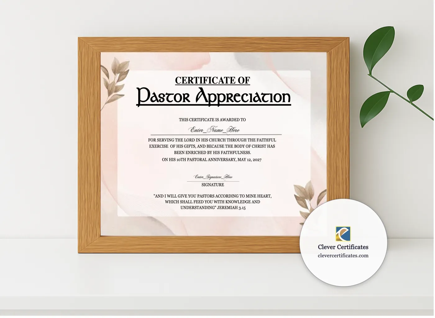 Realistic mockup featuring Pastor Anniversary Appreciation Certificate displayed within a modern frame, set against a minimalistic background.