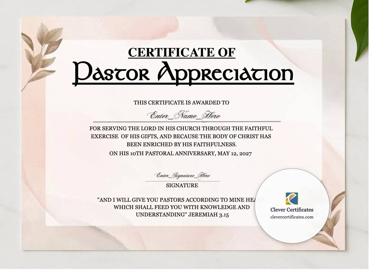 Pastor Anniversary Appreciation Certificate presented in a sleek wooden frame, elegantly arranged on a stylish table.