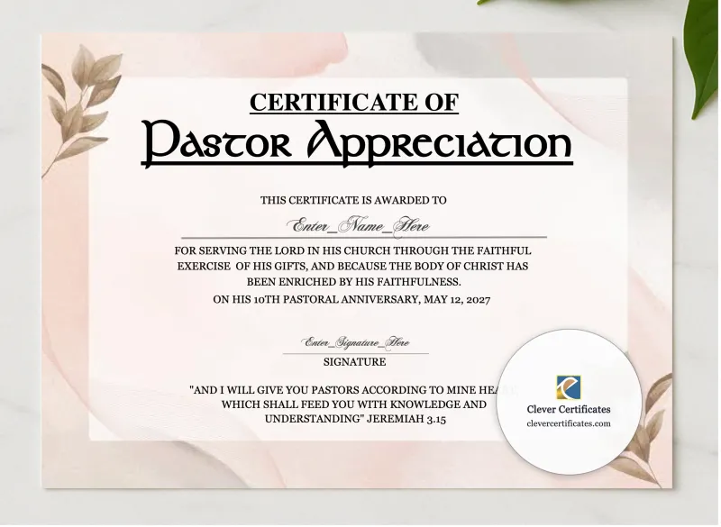 Pastor Anniversary Appreciation Certificate presented in a sleek wooden frame, elegantly arranged on a stylish table.