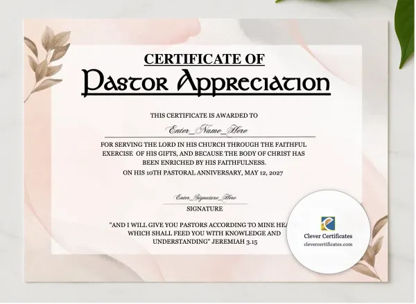 Pastor Anniversary Appreciation Certificate presented in a sleek wooden frame, elegantly arranged on a stylish table.