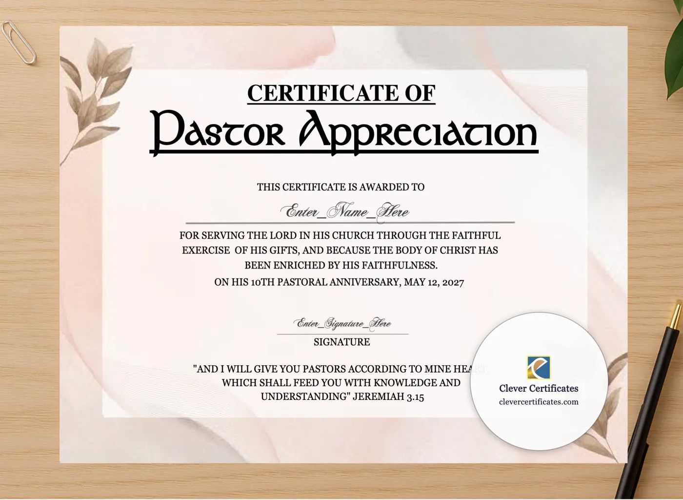 Professional preview of Pastor Anniversary Appreciation Certificate certificate on high-quality stationery paper, ideal for showcasing the final look.